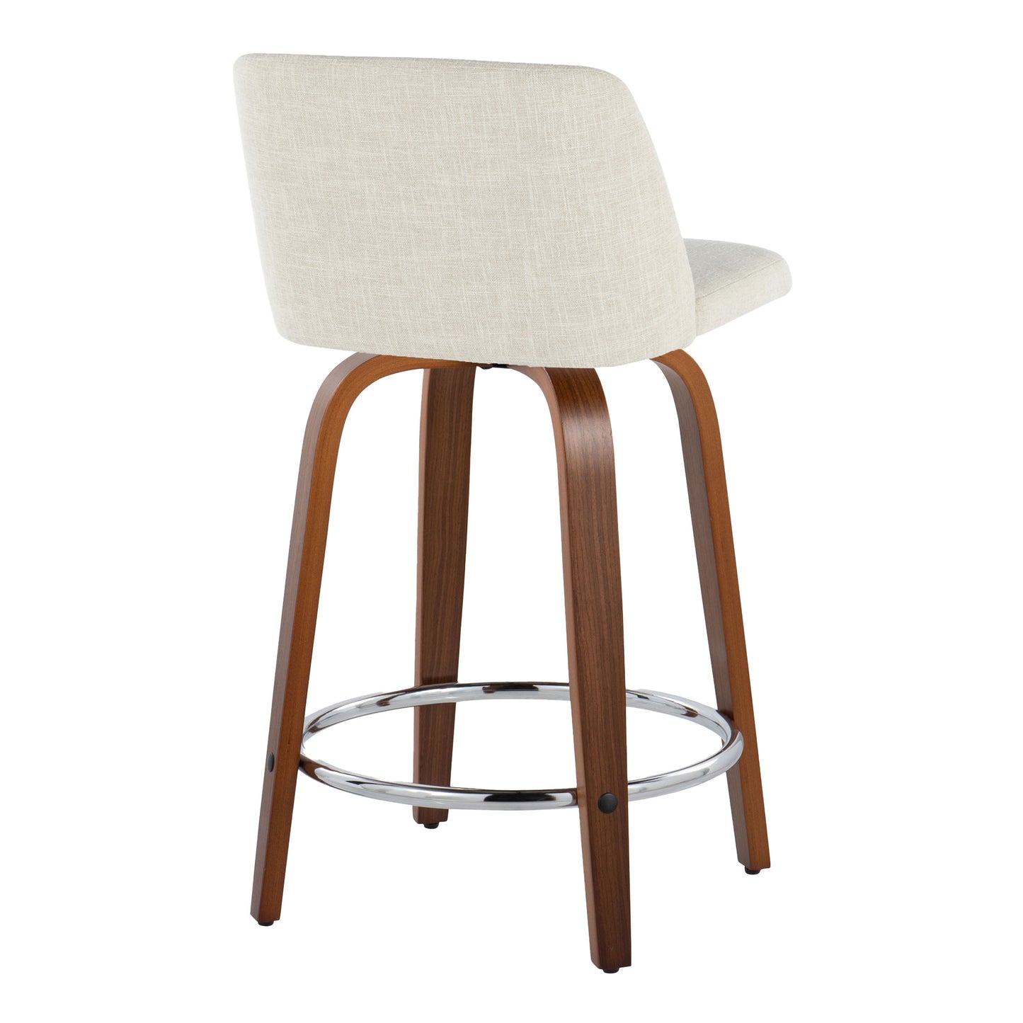 StratosBlend - Set of 2 - 24" Mid-Century Modern Swivel Counter Stools with Cream Fabric Upholstery, Walnut Wood, Chrome Footrest, and Fixed Height