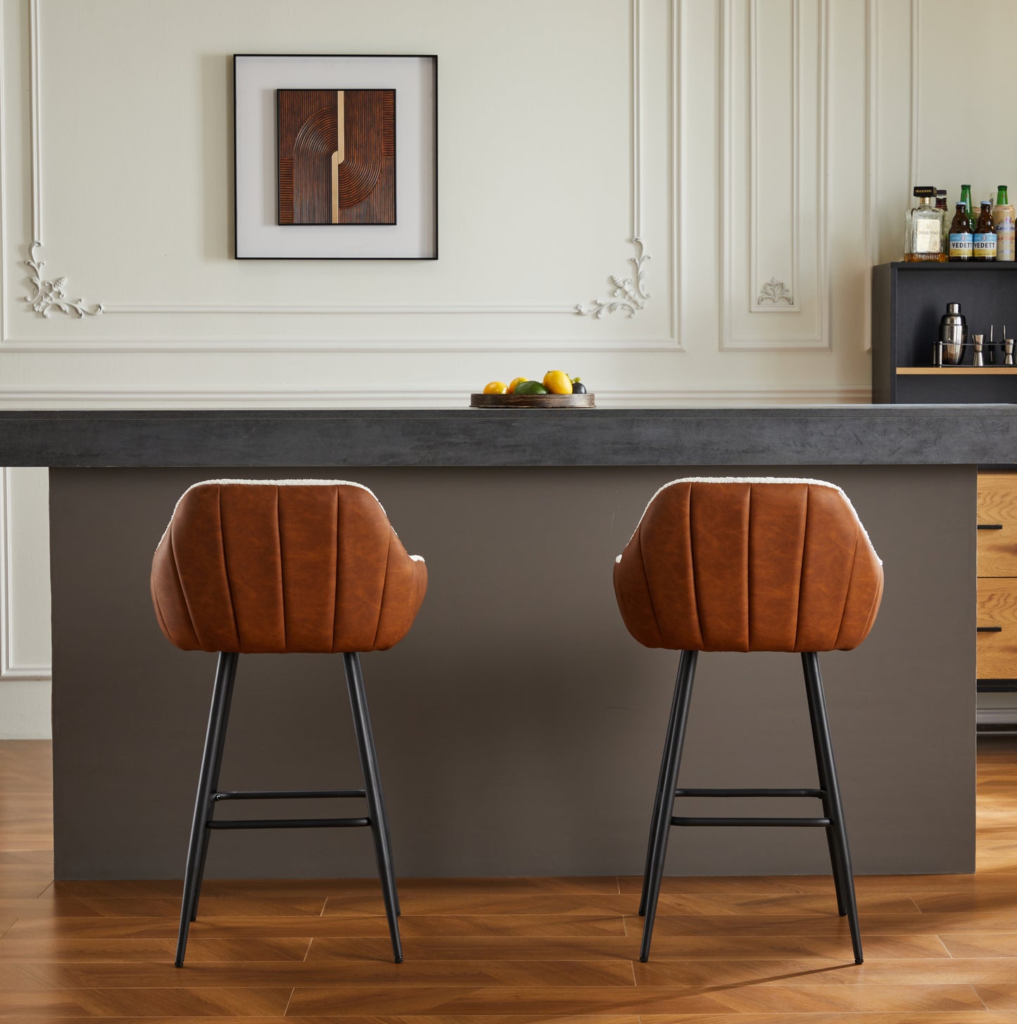 Marston - Set of 2 - 26" Modern Counter Height Bar Stools, Mid-Century Upholstered Leather Accent Armchairs with Metal Legs for Kitchen & Dining Room