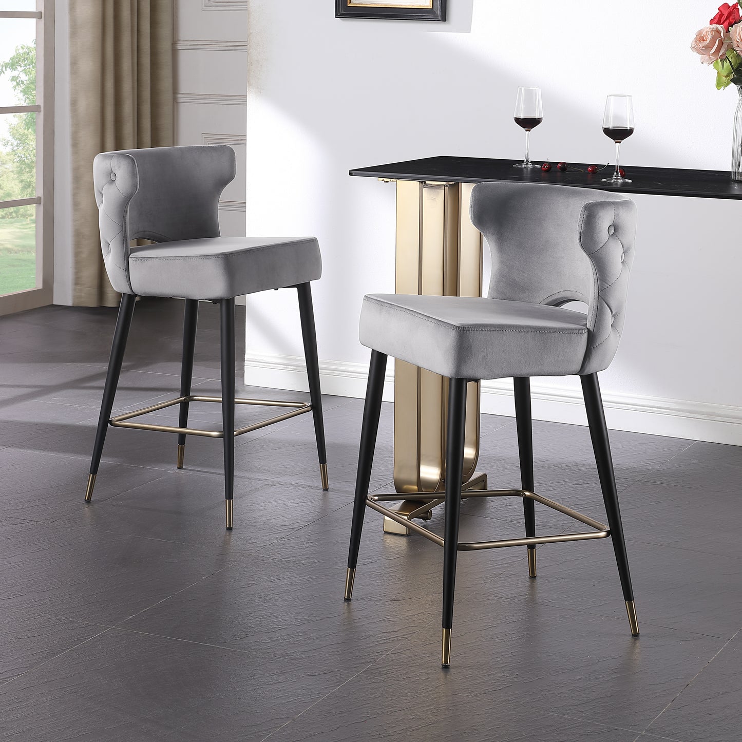 Harmith - Set of 2 - 24" Gray Velvet Counter Stools with Gold-Tipped Black Metal Legs, 19" W x 22" D