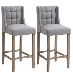 Kamille - Set of 2 - 30.25" Grey Tufted Upholstered Bar Stools with Back, Seat Height, Rubber Wood Legs, Modern Design for Kitchen & Dining Room