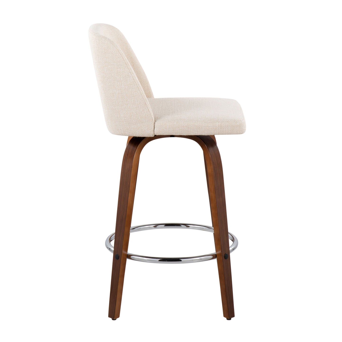 Tolindra - Set of 2 - 20" Mid-Century Modern Fixed-Height Counter Stools with Walnut Wood Frame, Cream Upholstery, and Round Chrome Footrest