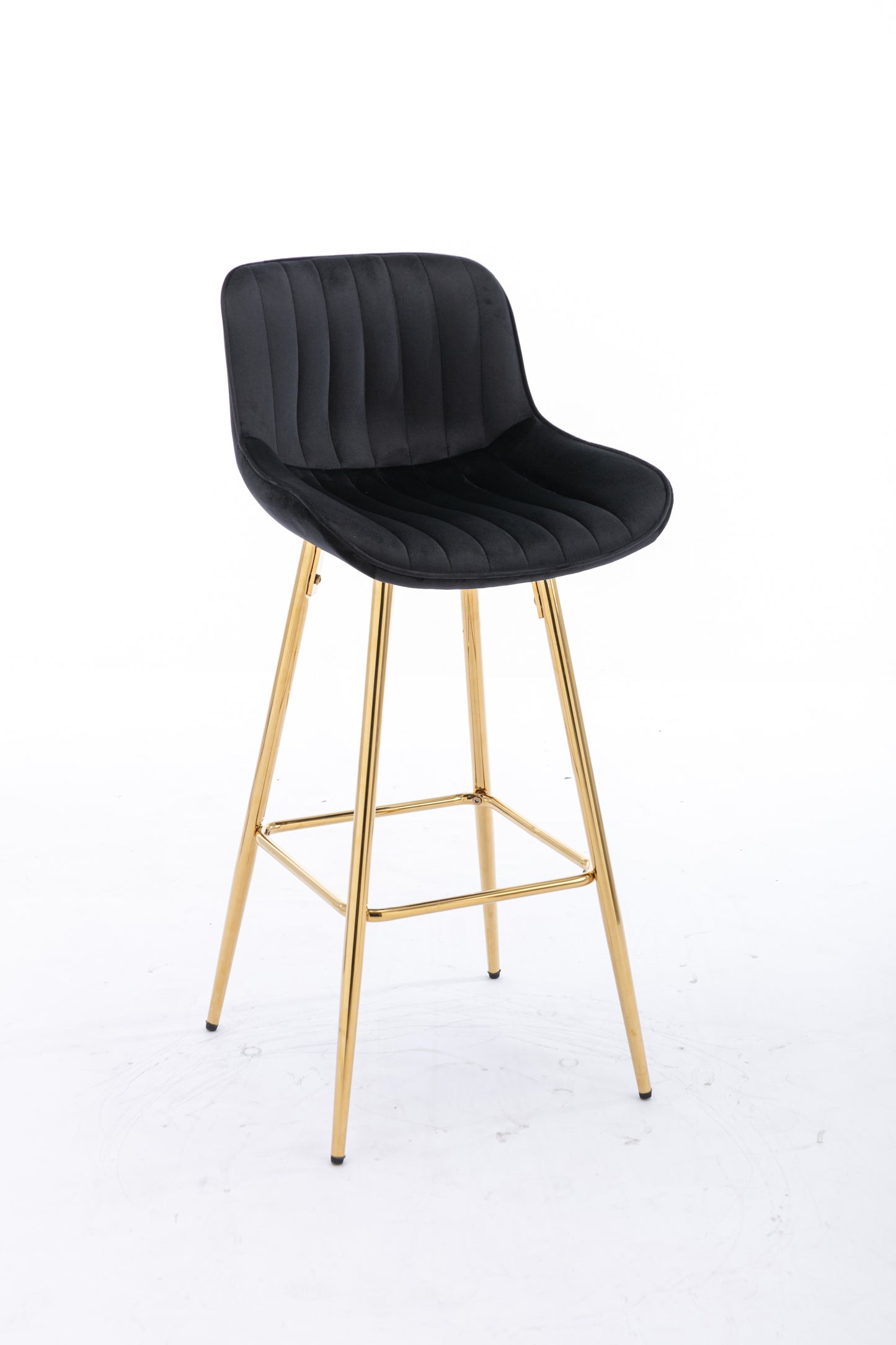 Lutre - Set of 2 - 30" Black Velvet Bar Stools with Gold Legs and Chrome Footrest