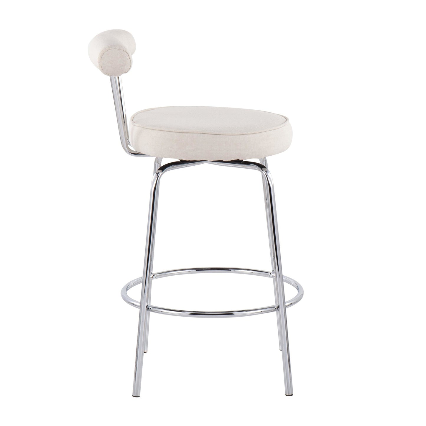 Rhonda - Set of 2 - 24" Chrome Contemporary Counter Stools with Cream Fabric Upholstery and 360° Swivel Seat