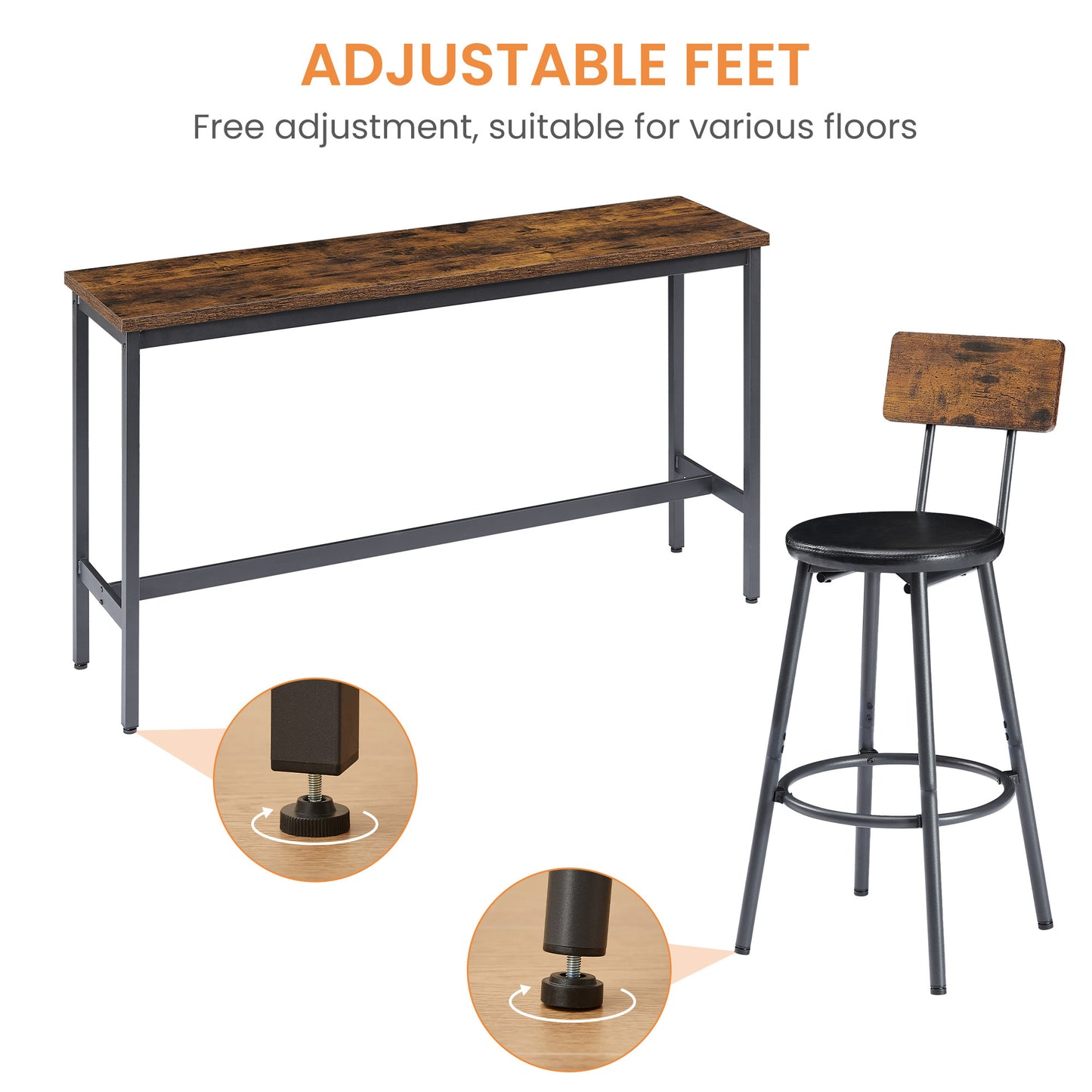 Hartford - Set of 4 - 26" Rustic Brown & Black Industrial Bar Table with Upholstered PU Stools, Adjustable Foot Pads, 63″L x 15.7″W x 37.5″H