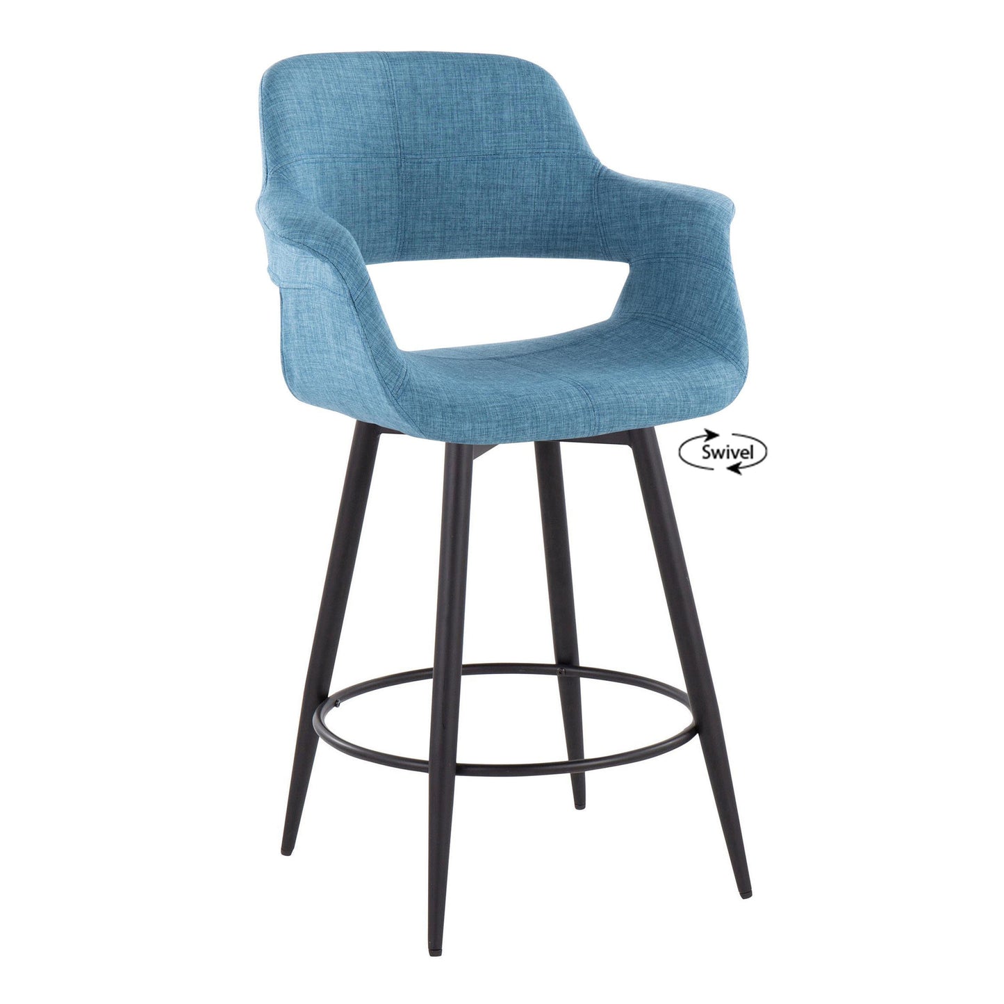 Lennon - Set of 2 - 26" Mid-Century Modern Blue Fabric Swivel Counter Stools with Matte Black Metal Legs