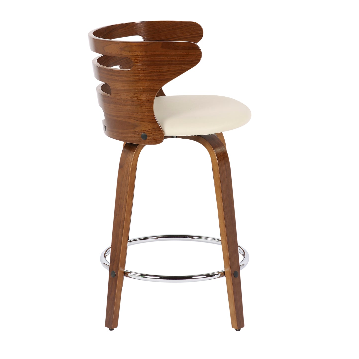 Crystelle - Set of 2 - 28" Mid-Century Modern Counter Stool, 360° Swivel, Walnut Wood & Cream Faux Leather, 18” W x 18” L x 31.75” H