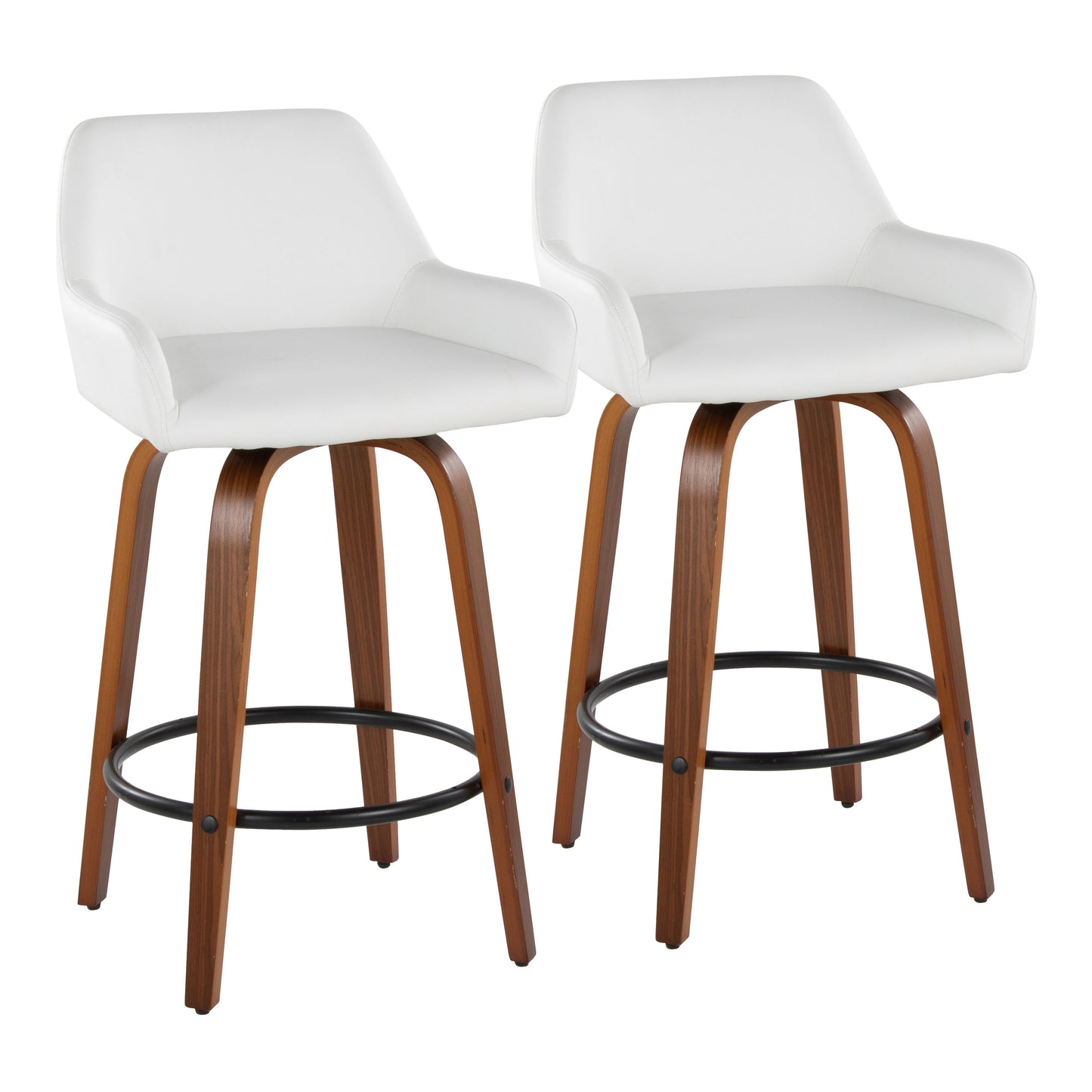 Primithra - Set of 2 - 26" Walnut Swivel Counter Stools with White Faux Leather and Black Metal Footrest