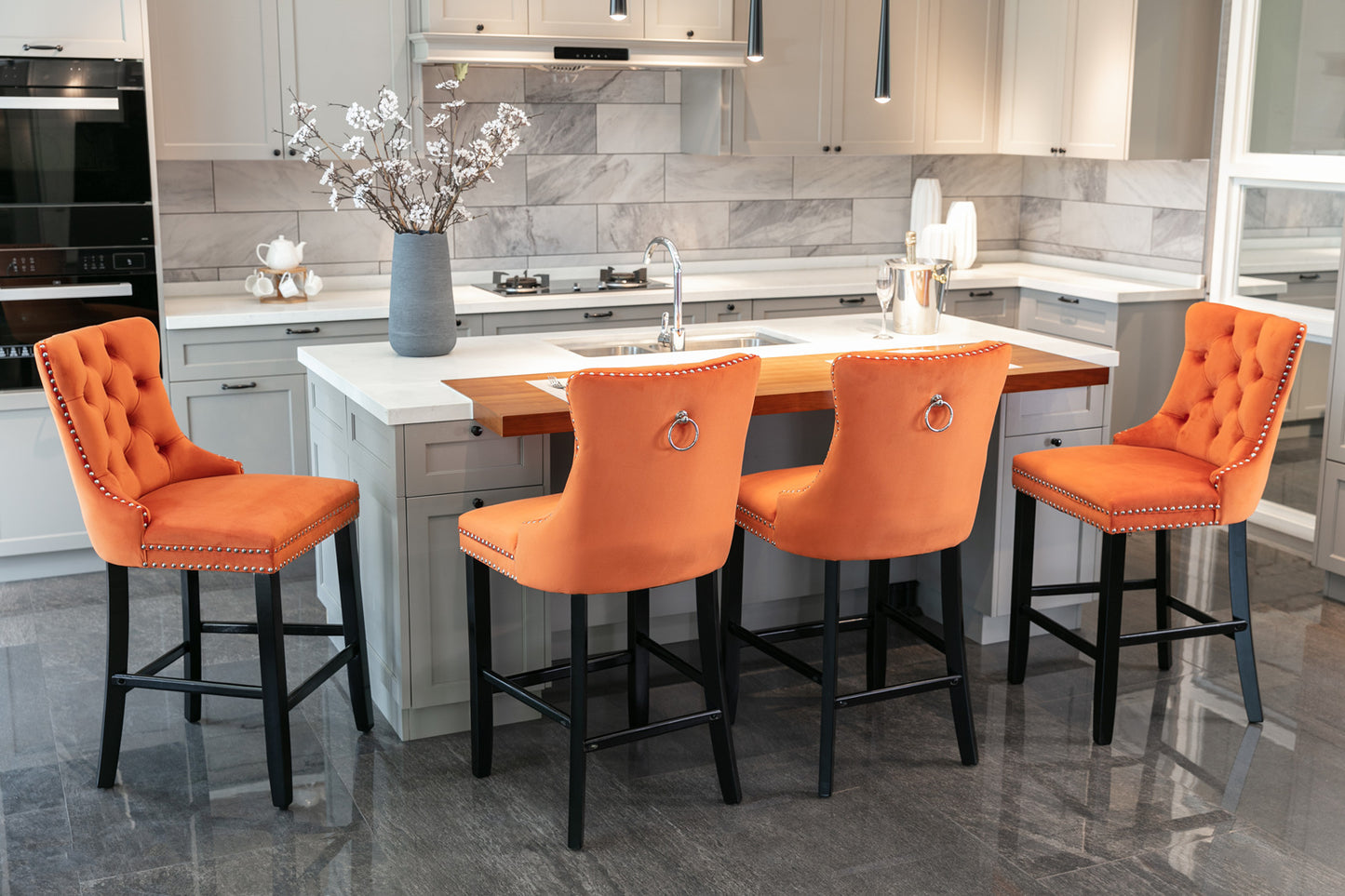 Sorrento - Set of 2 - 24.4" Orange Velvet Upholstered Barstools with Button Tufted Back, Wooden Legs & Chrome Nailhead Trim