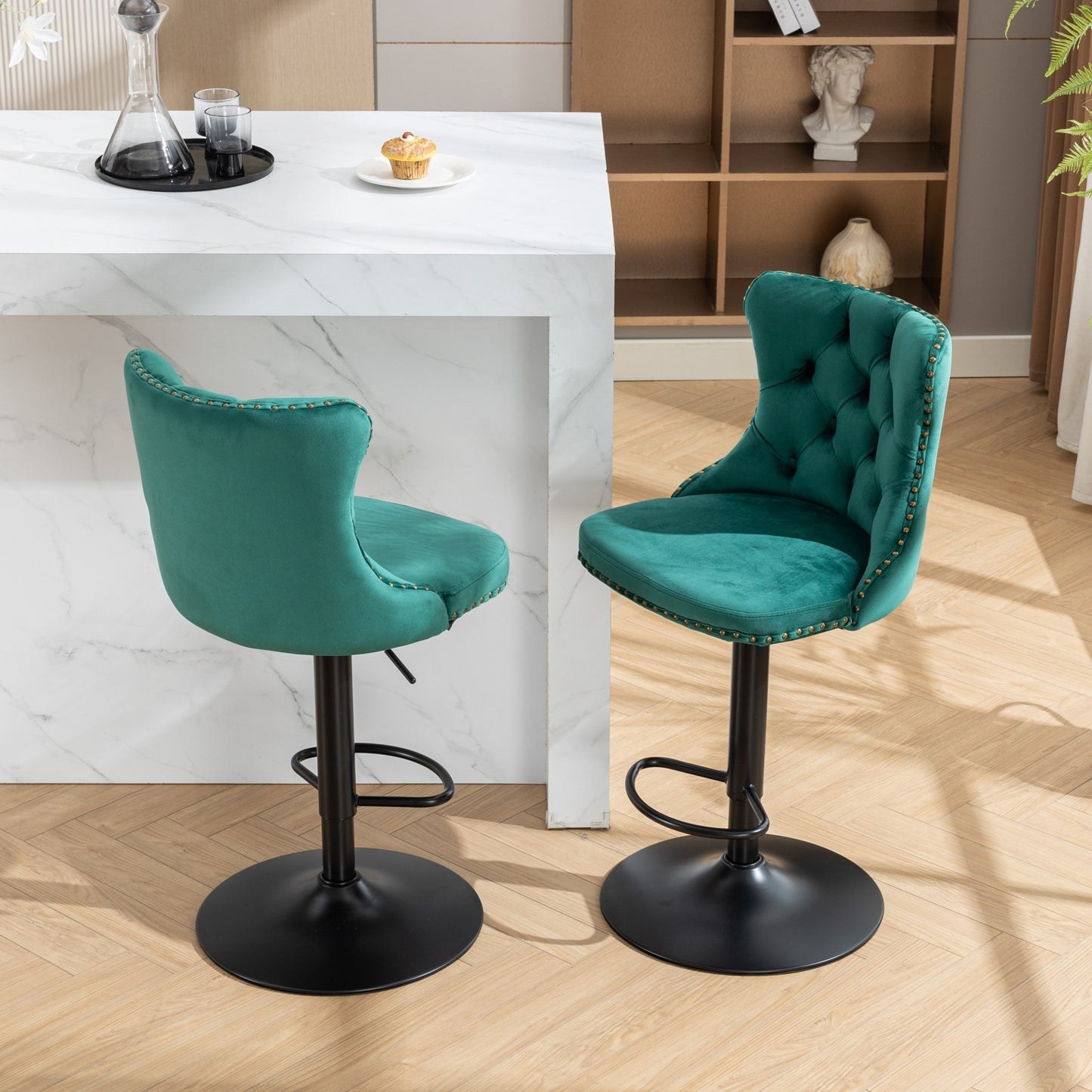 Luxury  - Set of 2 - 25" Green Velvet Swivel Barstools with Adjustable Seat Height, Upholstered Tufted Chairs & Copper Nailheads