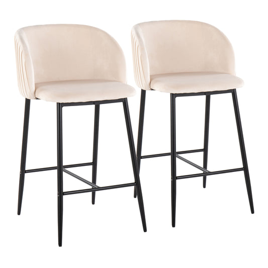 Lisbeth - Set of 2 - 21" Contemporary Fixed-Height Counter Stools with Black Metal Frame & White Velvet Modern Bucket Seat with Footrest