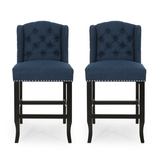 Vandalisa - Set of 2 - 27" Navy Blue & Dark Brown Fabric Tufted Wingback Counter Stools