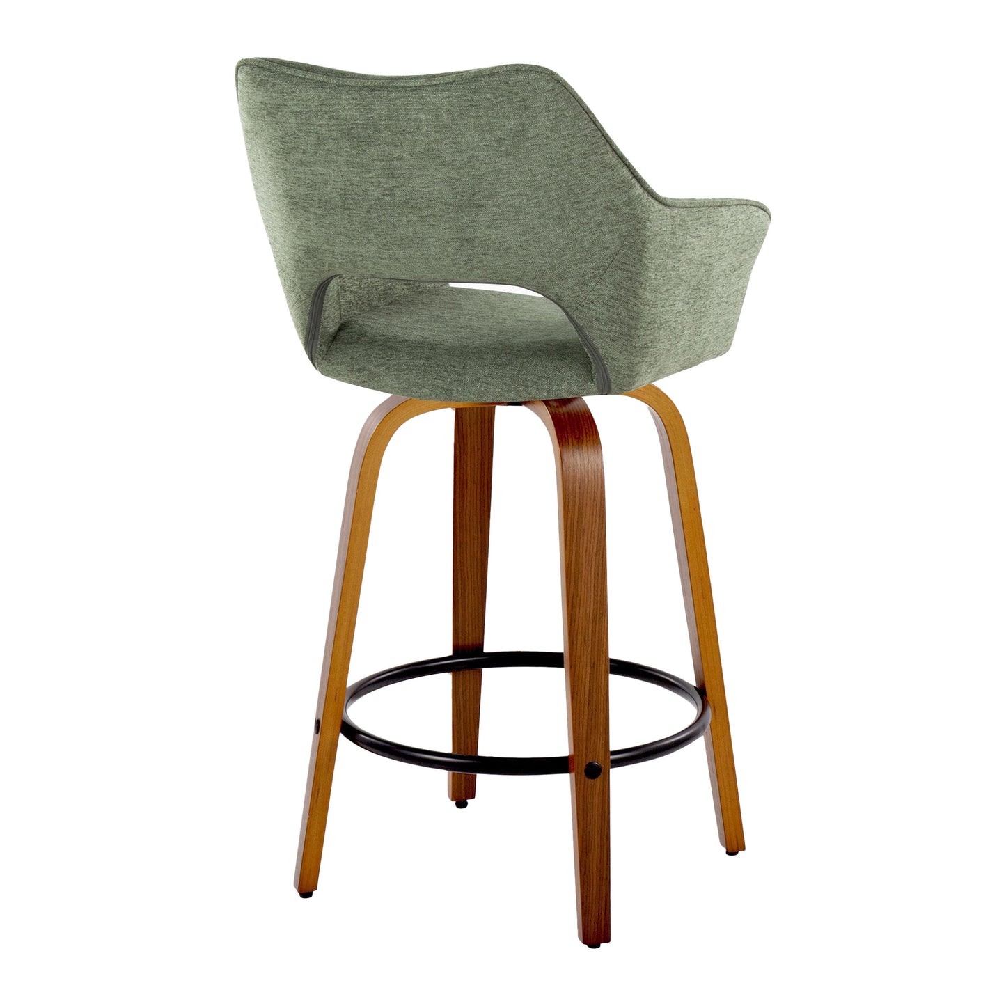 Valor Set of 2 Green Fabric Upholstered Swivel Counter Stools (26") with Walnut Bentwood Legs & Black Metal Footrest