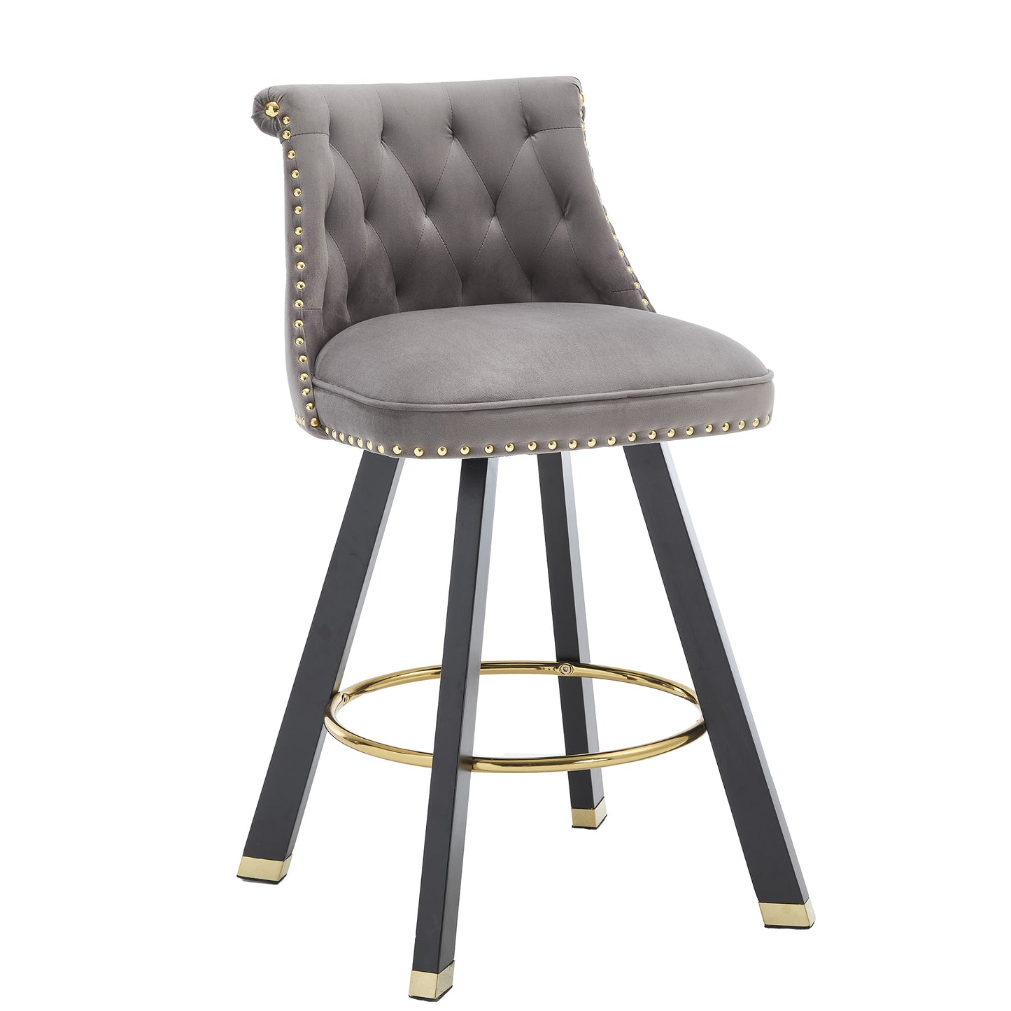 Evra - Set of 2 - Dark Gray Velvet Bar Stools with 360° Swivel, Rivet Detailing, and 26" Seat Height