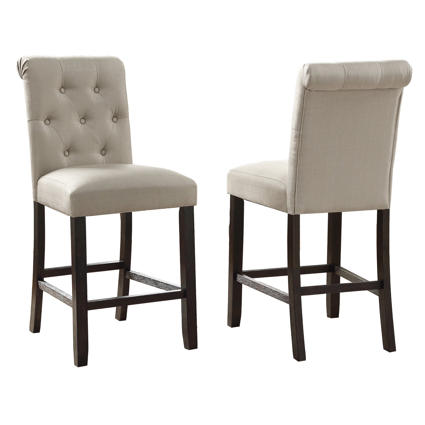 Stirling - Set of 2 - 24" Tan Tufted Solid Wood Counter Height Stools with High Back and Espresso Legs