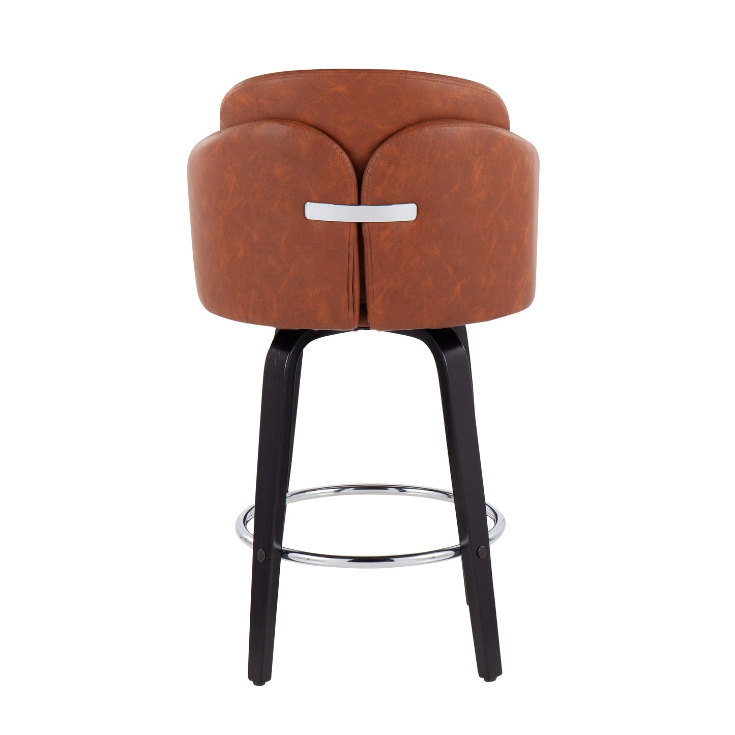 Darius - Set of 2 - 24" Black Wood Counter Stools with Camel Faux Leather Upholstery and Round Chrome Footrest