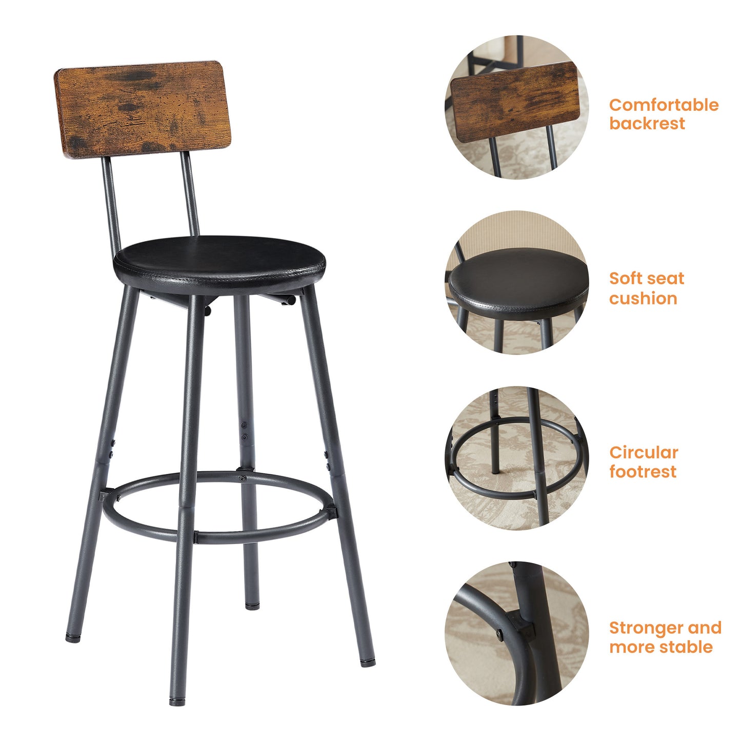 Hartford - Set of 4 - 26" Rustic Brown & Black Industrial Bar Table with Upholstered PU Stools, Adjustable Foot Pads, 63″L x 15.7″W x 37.5″H