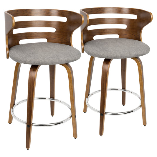 Cosini  - Set of 2 - 24" Mid-Century Modern Swivel Counter Stool with Walnut Backrest & Grey Fabric, Chrome Footrest