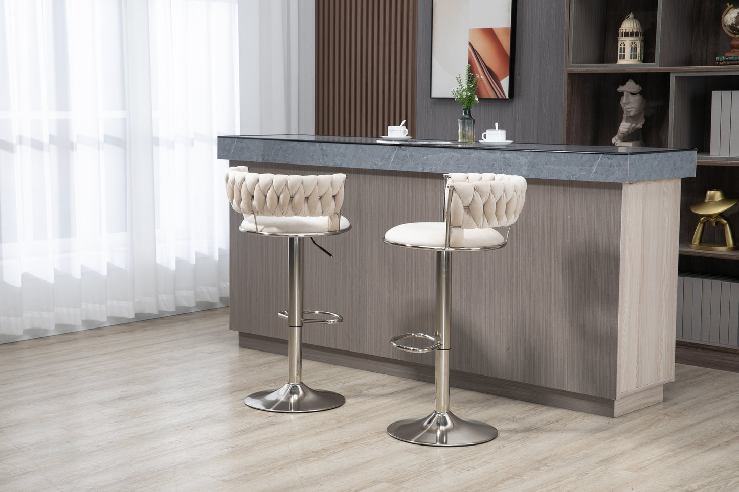 Mynroe - Set of 2 - Ivory Swivel Adjustable Counter Height Bar Stools with Footrest