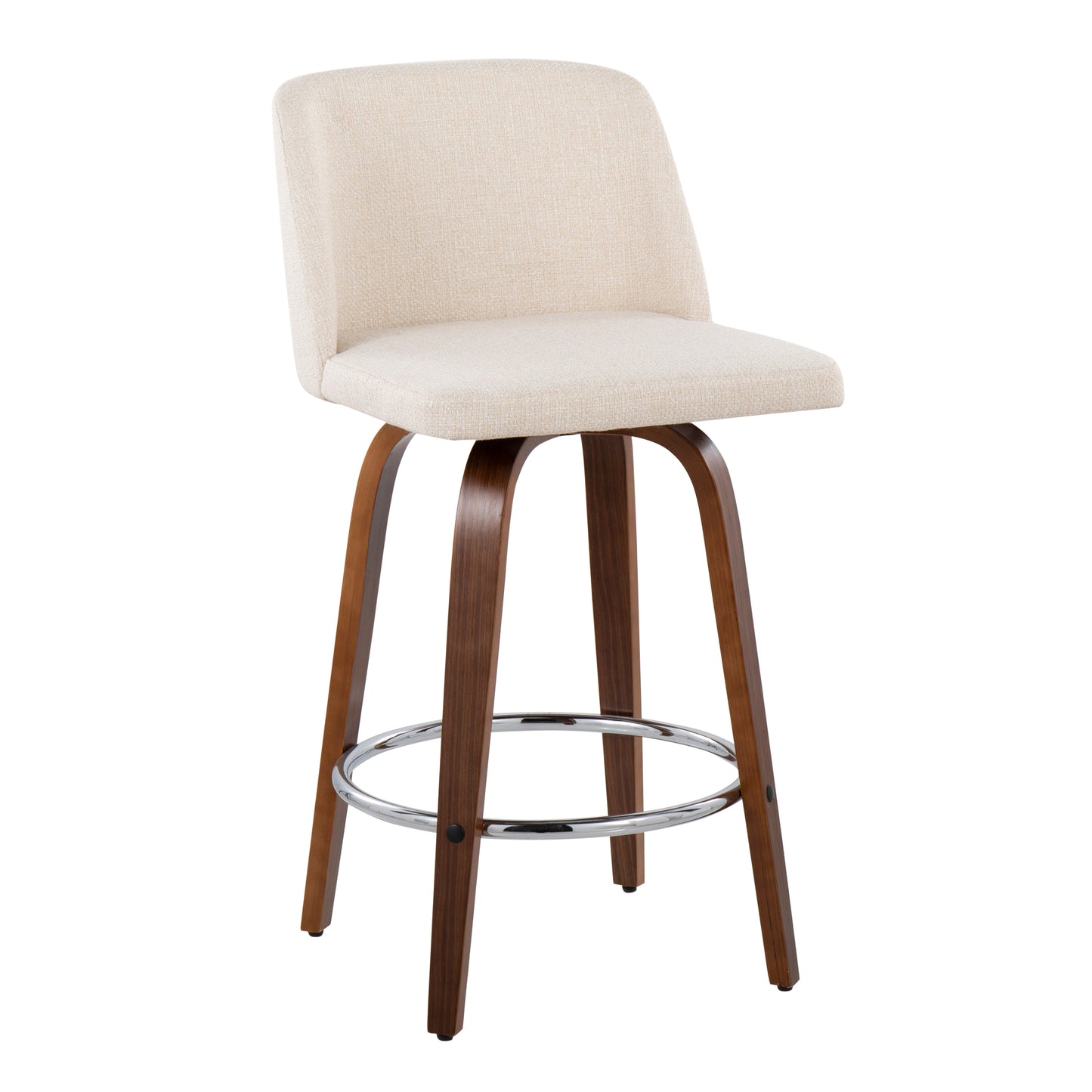 Tolindra - Set of 2 - 20" Mid-Century Modern Fixed-Height Counter Stools with Walnut Wood Frame, Cream Upholstery, and Round Chrome Footrest