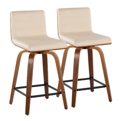 Sylas - Set of 2 - 26" Century Modern Counter Stools , Cream Faux Leather & Walnut Wood, Fixed-Height with 360° Swivel & Black Metal Footrest