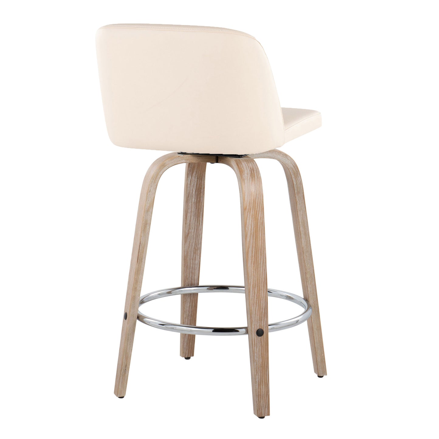 Tandria - Set of 2 - 26" Contemporary Cream Faux Leather Swivel Counter Stools with Whitewashed Wood Legs and Chrome Footrest