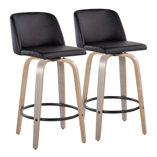 Toriano - Set of 2 -18" Light Grey Wood & Black Faux Leather Swivel Counter Stools with Round Black Metal Footrest