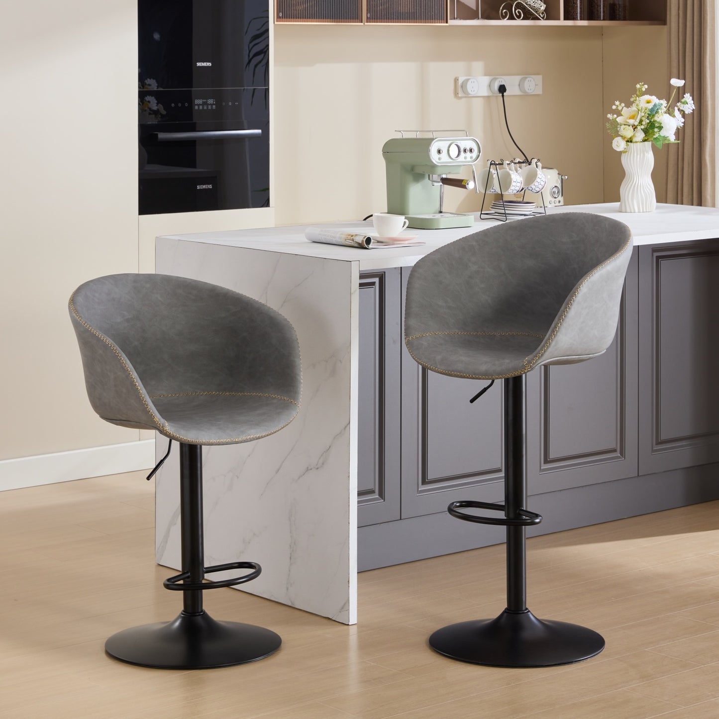 Garlandy - Set of 2 - 24'' - Adjustable Swivel Bar Stools - Mid-Century Modern PU Leather Counter Height Chairs with Ergonomic Backrest and 360° Rotation