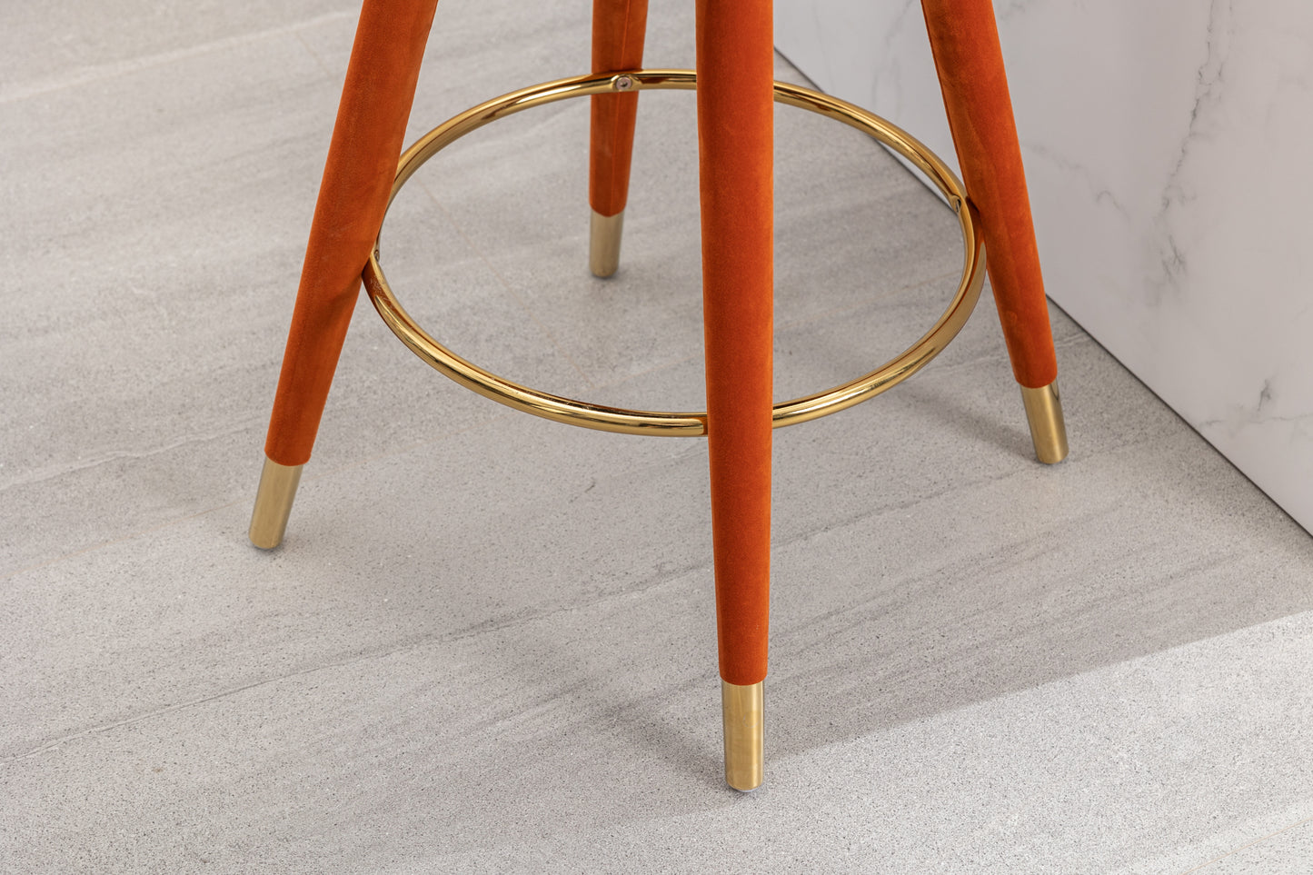 Miple - Set of 2 - 28" Orange Velvet Swivel Counter Height Bar Stools with Backrest, Footrest, and Solid Wood Legs, Retro Style