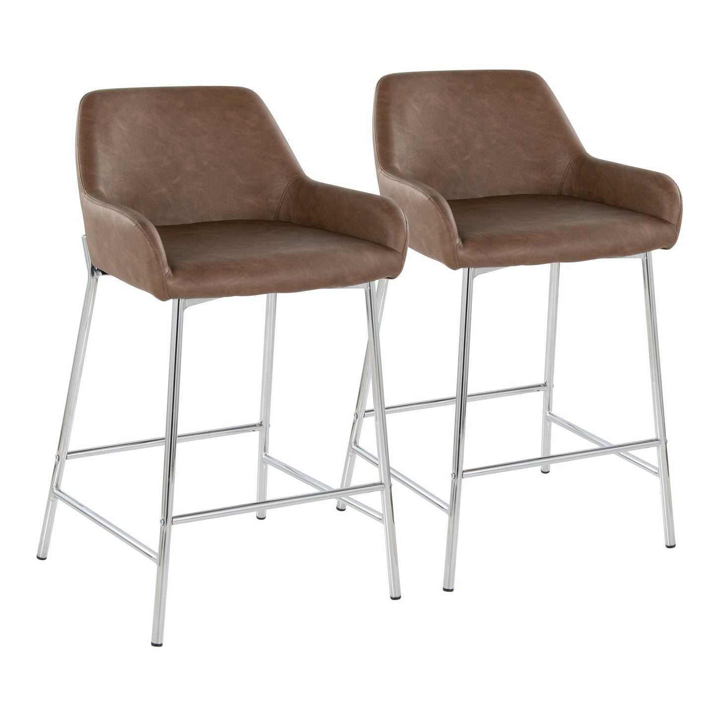 Evander - Set of 2 - 24" Espresso Faux Leather Counter Stools with Chrome Metal Frame