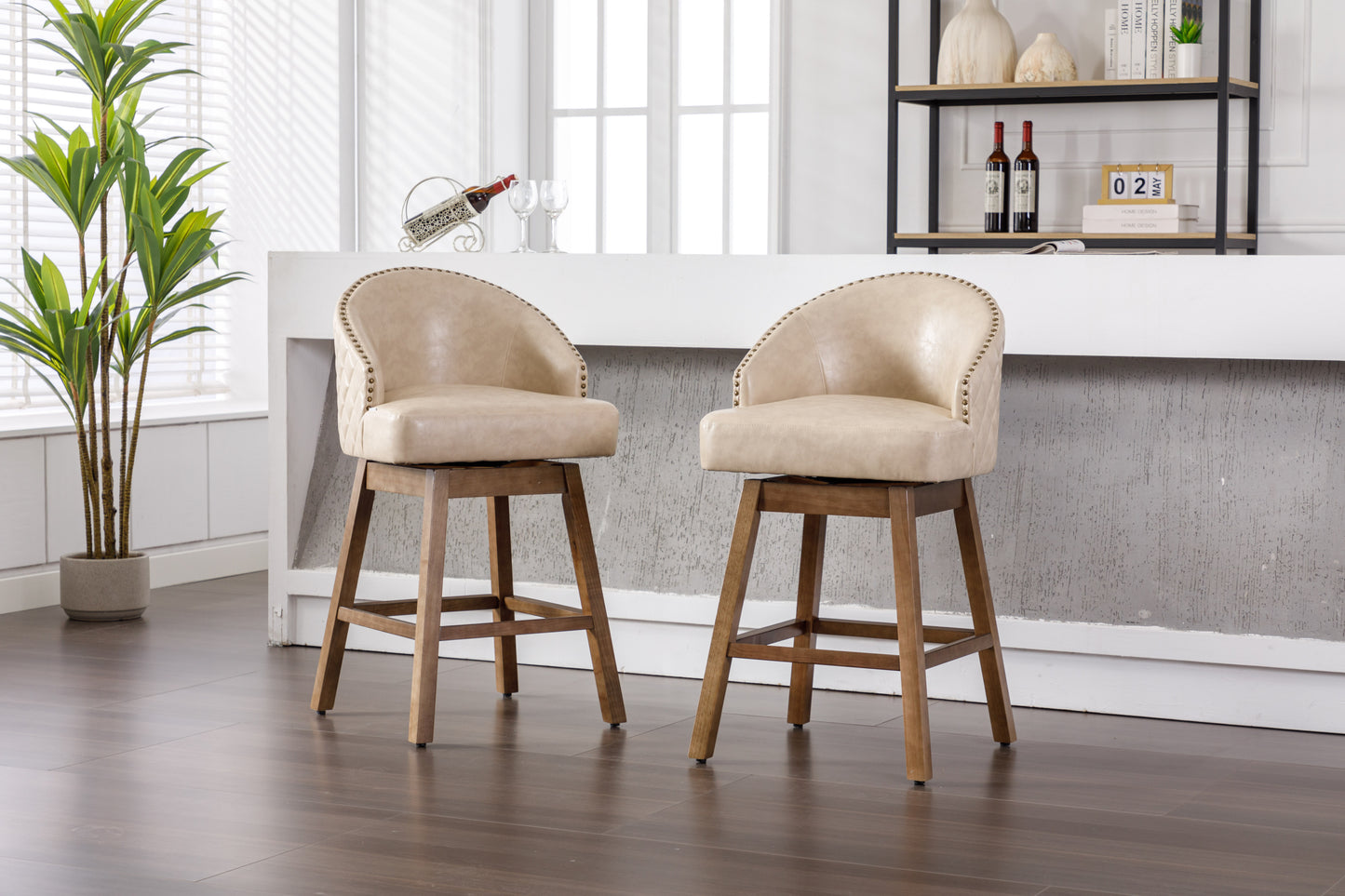 Helas - Set of 2 - 29" Apricot PolyUrethane Leather Counter Height Bar Stools with 360° Swivel - Solid Wood Legs & Footrest (21.65"x22.05"x38.98")