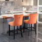 Sorrento - Set of 2 - 24.4" Orange Velvet Upholstered Barstools with Button Tufted Back, Wooden Legs & Chrome Nailhead Trim