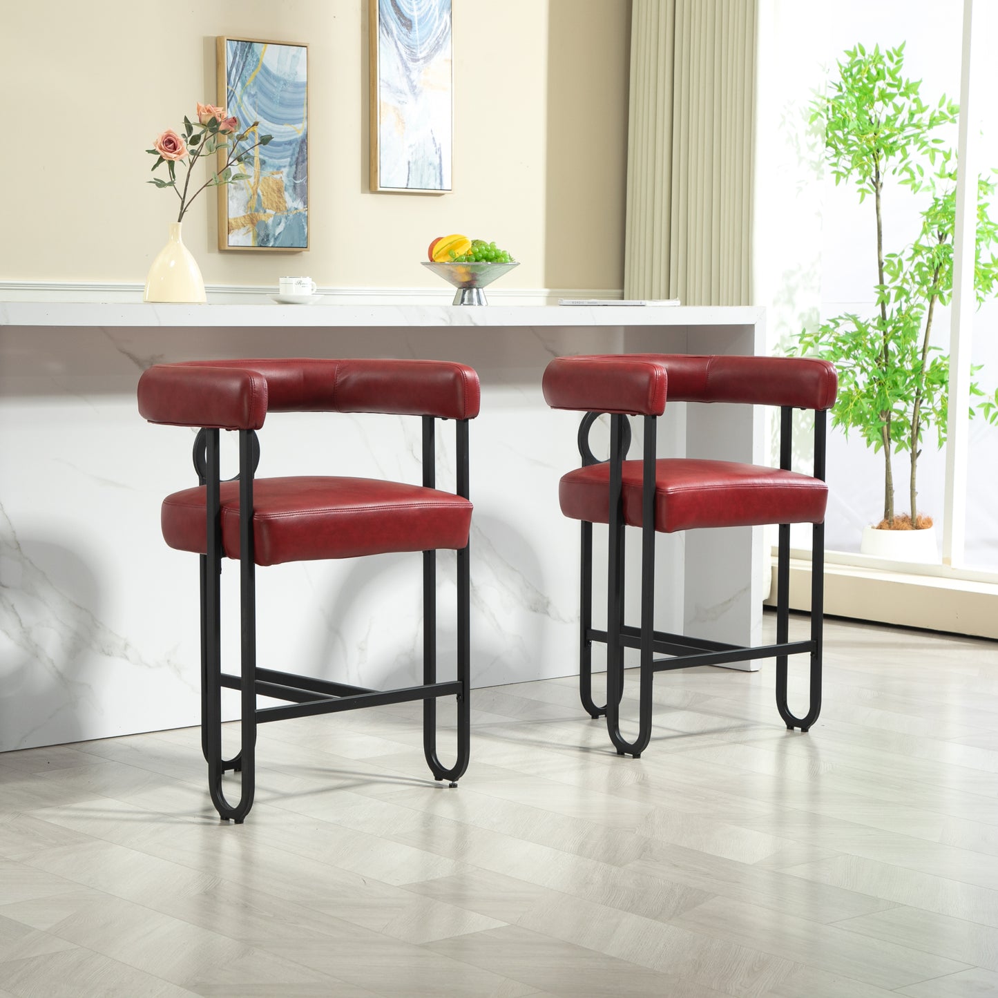 Lian - Set of 1- 24" Wine Red PU Modern Bar Stool with Ergonomic Backrest and Black Metal Frame