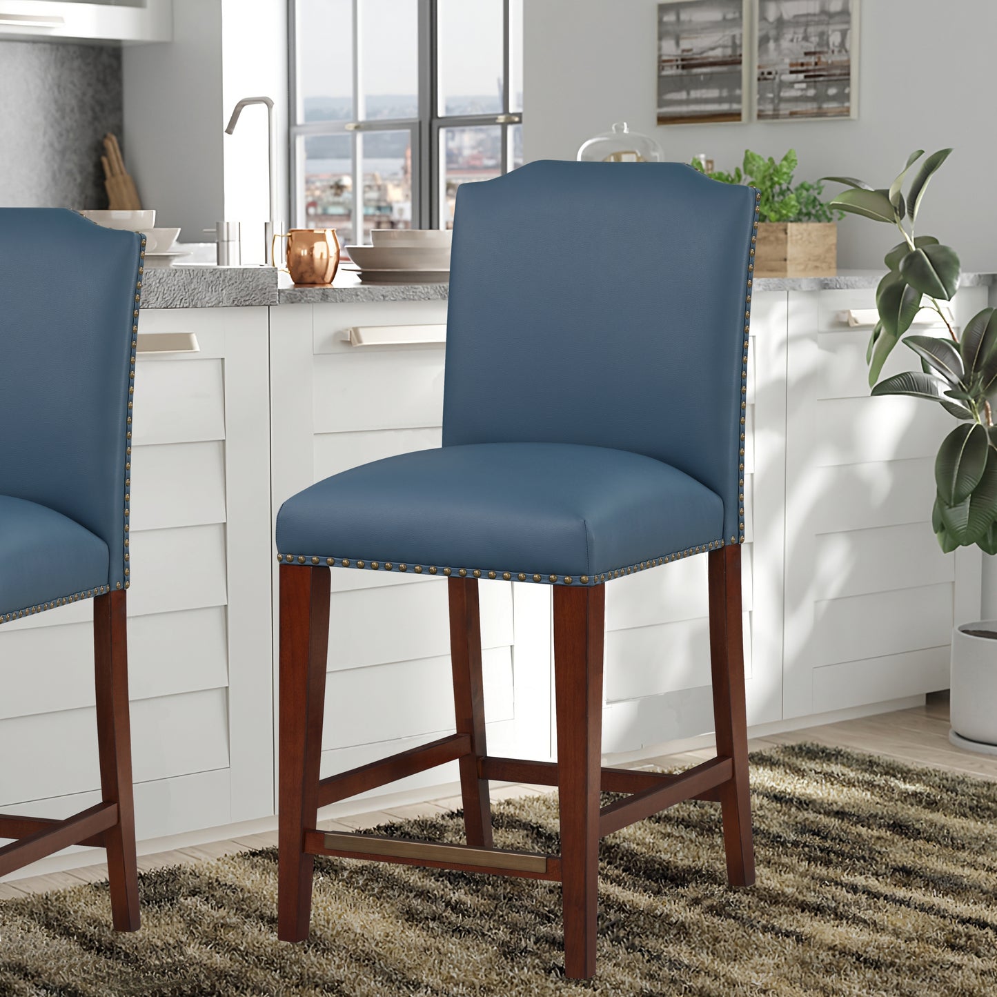 Valtirion - Set of 2 - 25" Blue Faux Leather Counter Stools with Nailhead Trim (39" H x 18.25" W x 23" D)