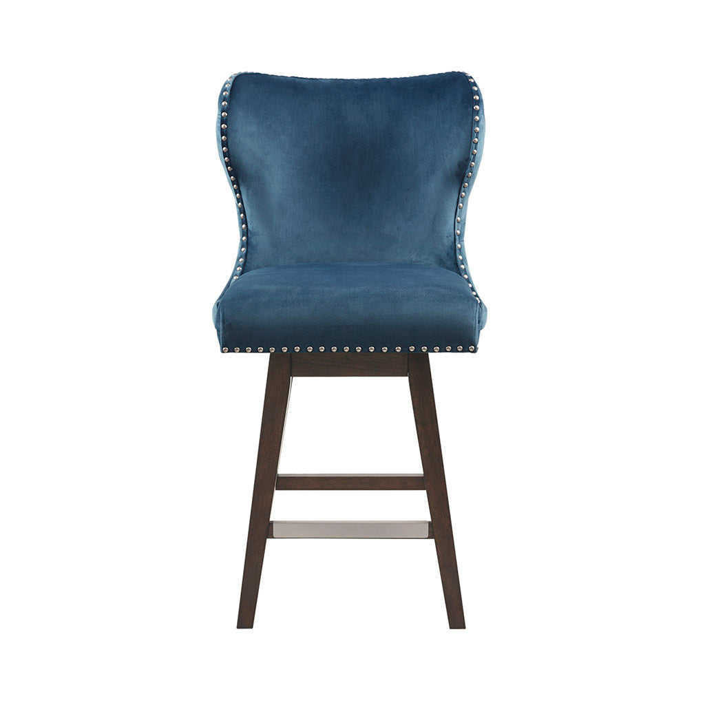 Sovelle - Set of 2 - 26" Dark Blue Wingback Upholstered Swivel Counter Stools with Nailhead Accent and Solid Wood Legs