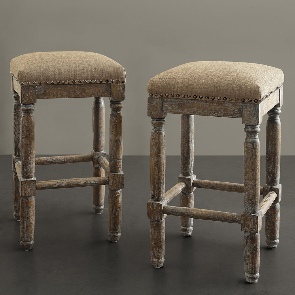 Solvay - Set of 2 , 26"Sand Counter Stools, Seat Height, Solid Wood Frame with Bronze Nailhead Detailing, Reclaimed Gray Finish and High-Density Foam