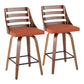 Tornesca - Set of 2 - 26" Walnut Wood Counter Stools with Orange Fabric Upholstery and High-Back Modern Design