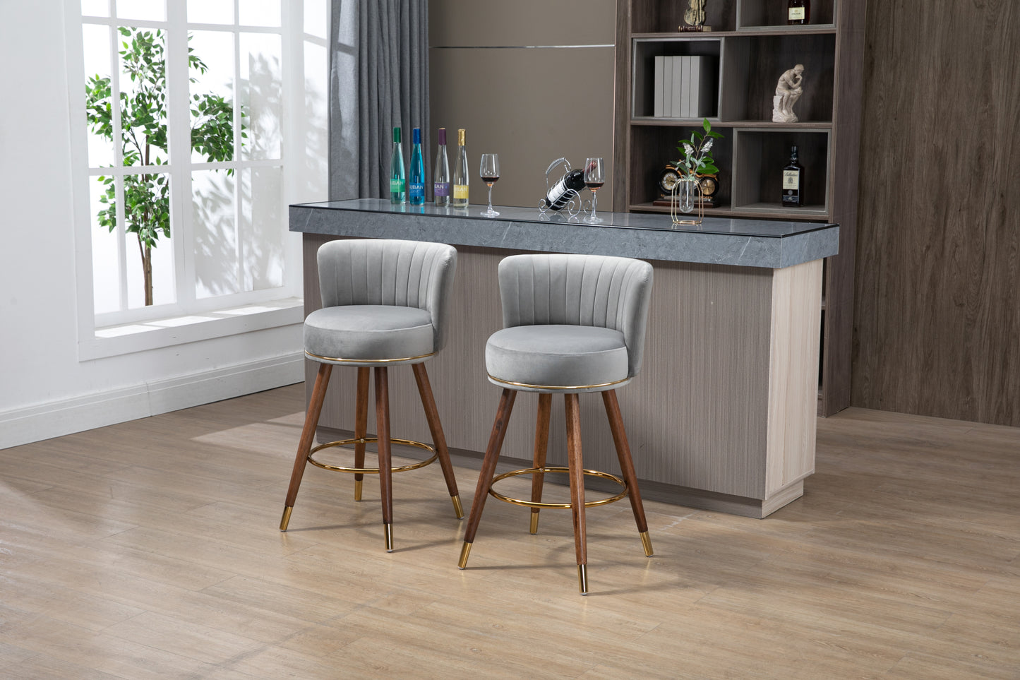 Avira - Set of 2 - 28" Grey Counter Height Swivel Bar Stools with Light Brown Solid Wood Legs, Retro Style and Upholstered Cushions