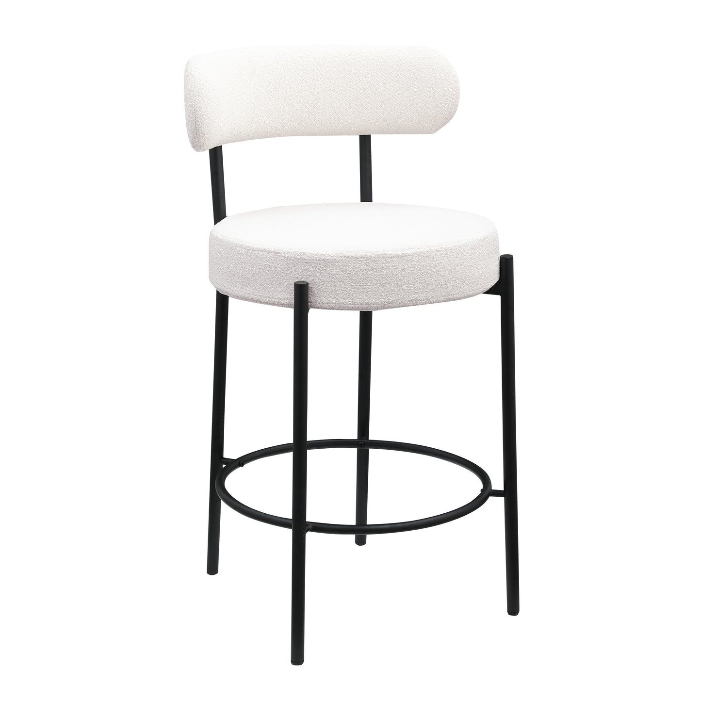 Vibrance Set of 2 White Bouclé Upholstered Counter Height Stools with Black Metal Legs 26” Seat Height, Modern Dining Chairs