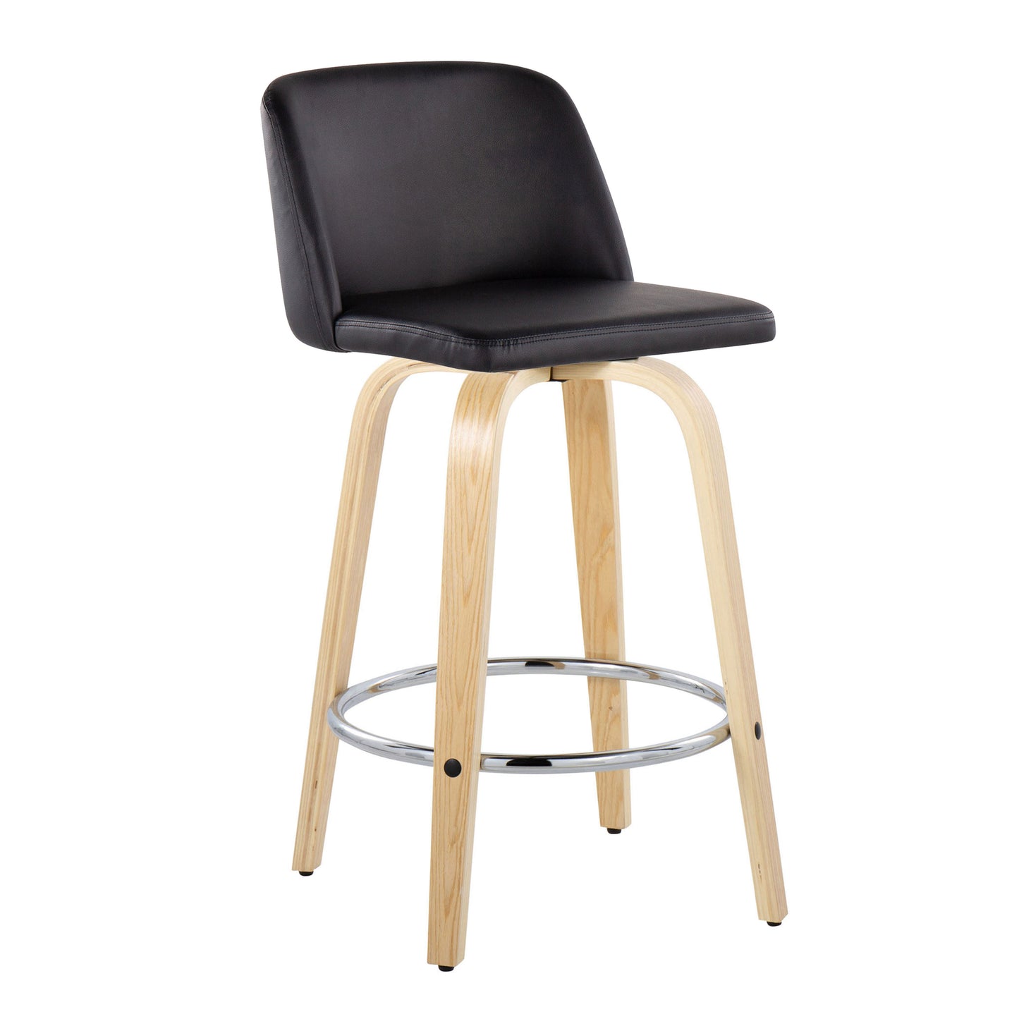 Linthel - Set of 2 - 24" Natural Wood Counter Stools with Black Faux Leather, 360° Swivel Design