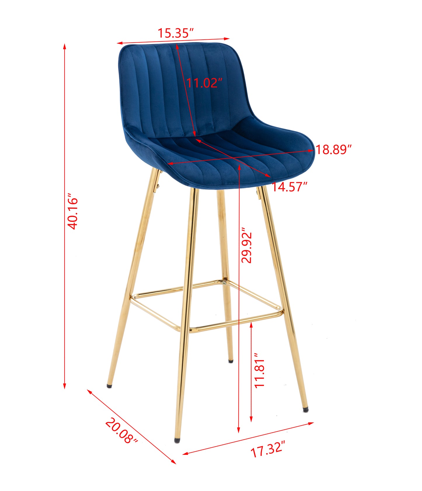 Havrynn - Set of 2 - 30" Blue Velvet Counter Stools with Golden Legs and Chrome Footrest, Modern Design