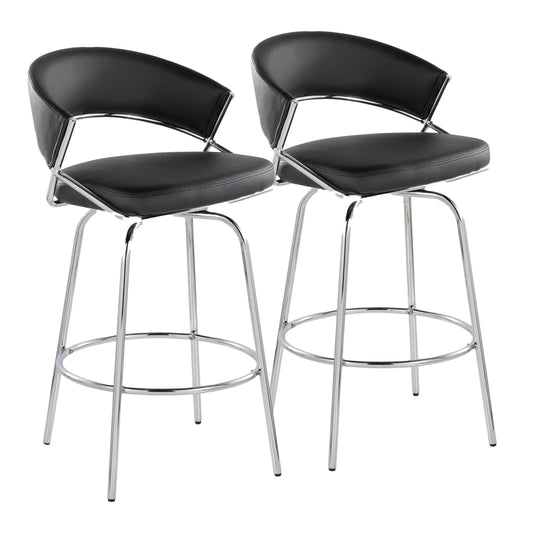 Alinae - Set of 2 - 26" Fixed-Height Swivel Counter Stools, Black Faux Leather & Chrome Metal Frame, Modern Bar Stools for Kitchen or Dining