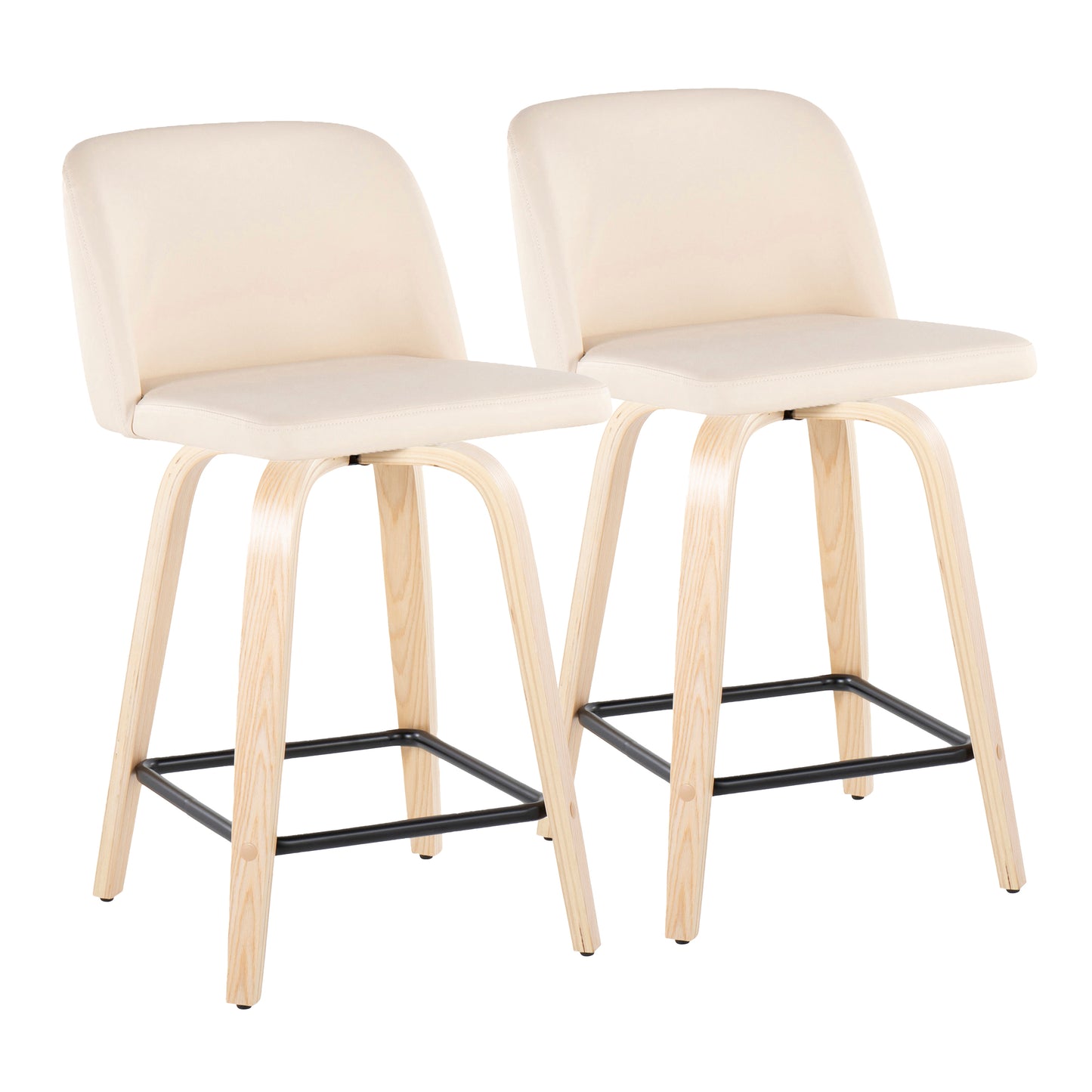 Toven Set of 2- 24"  - Contemporary Fixed-Height Swivel Counter Stools with Cream Faux Leather & Natural Wood, Black Metal Footrest by LumiSource