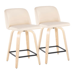 Toven Set of 2- 24"  - Contemporary Fixed-Height Swivel Counter Stools with Cream Faux Leather & Natural Wood, Black Metal Footrest by LumiSource