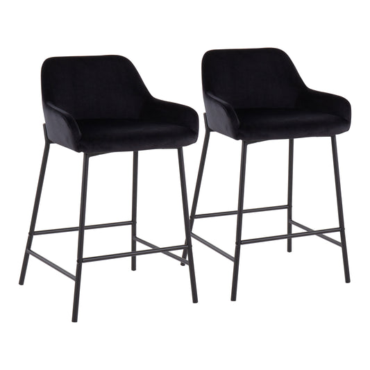 Compas - Set of 2 - 26" Black Velvet Counter Height Stools with Fixed Industrial Metal Frame and Plush Padded Seat