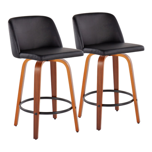 Thryvenix - Set of 2 - 20" Mid-Century Modern Counter Stools with Walnut Wood Frame, Black Faux Leather Upholstery, and 360-Degree Swivel Design