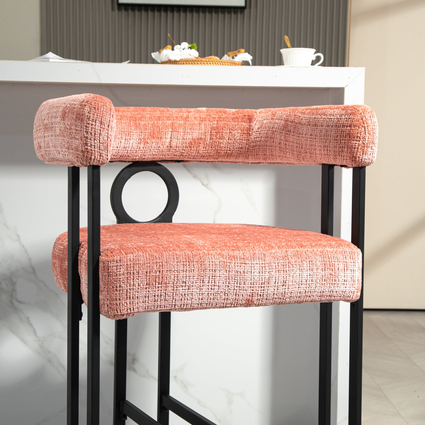 Adelina - Set of 2 - 24" Pink Chenille Bar Stools with Modern Curved Backrest and Black Metal Frame for Kitchen Island, Pub, or Dining Room