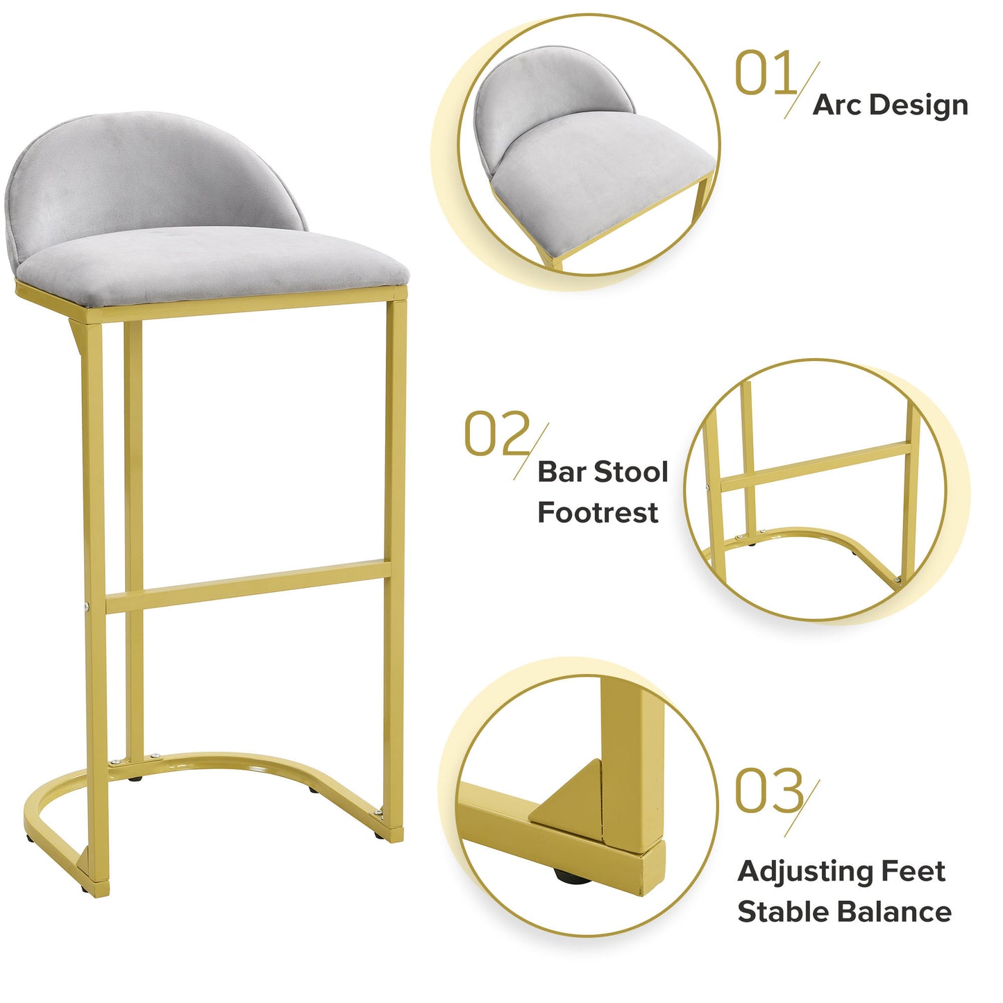 Thaddeus - Set of 2 - 30" Grey Velvet Upholstered Bar Stools with Gold Metal Frame, Padded Backrest, and Footrest