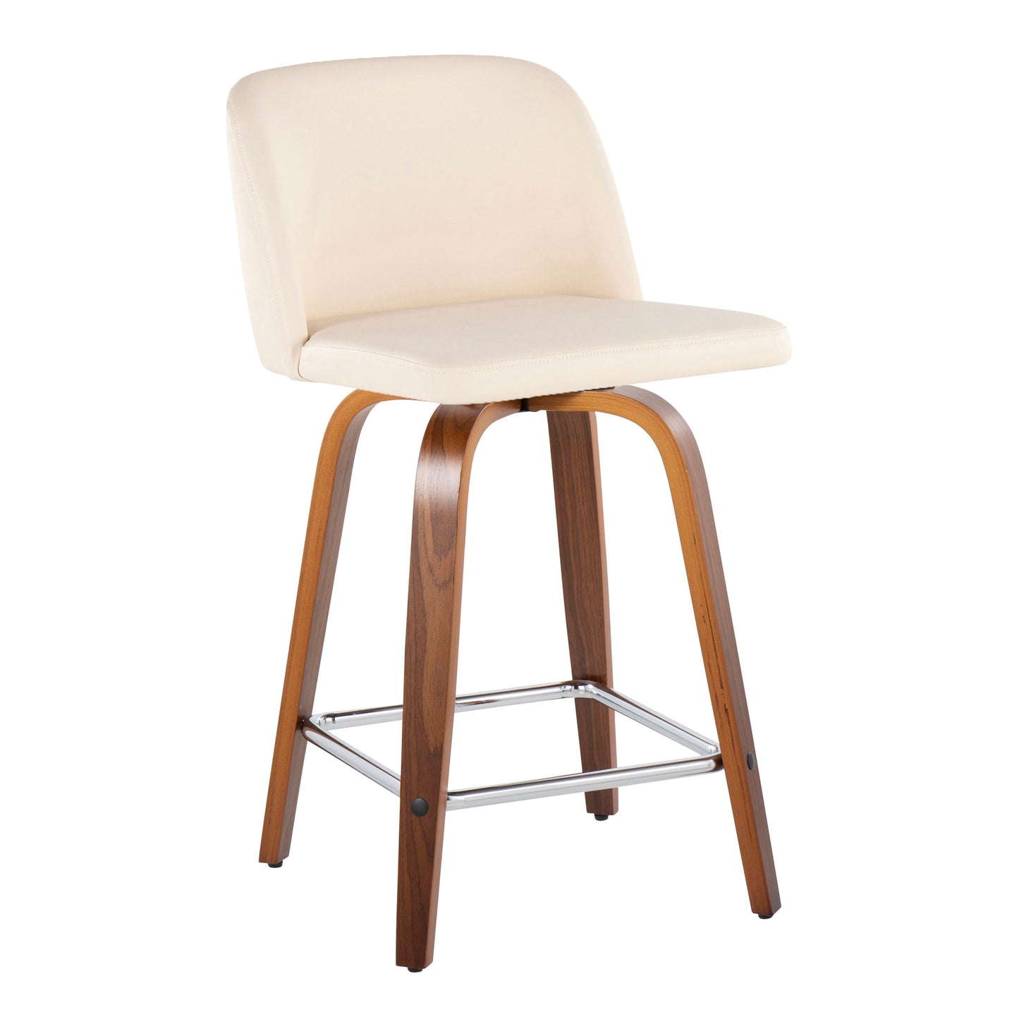 Evangeline - Set of 2 - 24-" Mid-Century Swivel Counter Stools in Walnut Wood & Cream Faux Leather with Chrome Metal Footrest