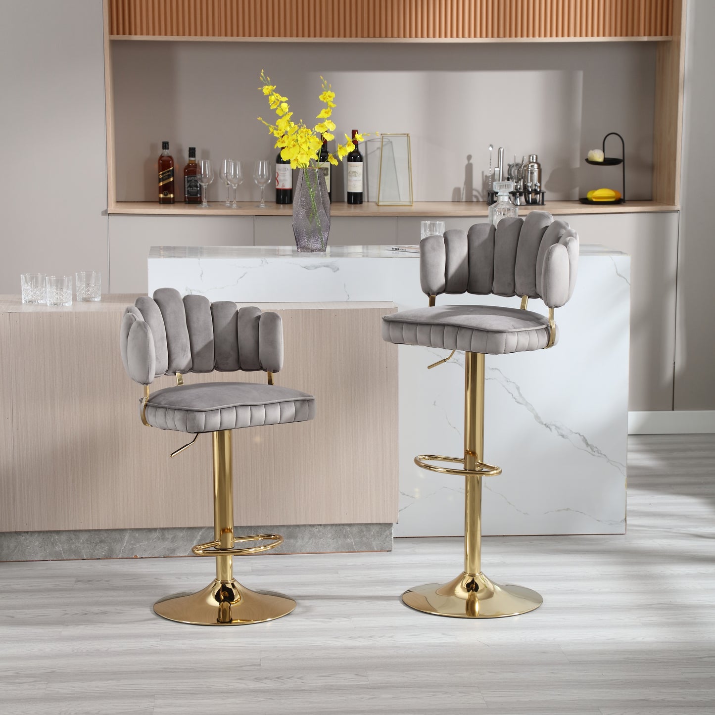 Solenith- Set of 2 - 24-33" Adjustable Velvet Swivel Bar Stools with Footrest and Gold Iron Legs in Grey