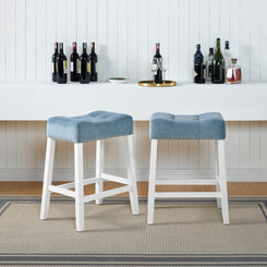 Morova- Set of 2 -29" Blue Velvet Saddle Counter Stools with Tufted Seats and White-Wash Finish